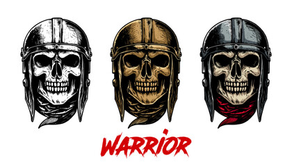 Skull warrior hand drawn vector illustration. Skull warrior t-shirt design. Set of skull knight wearing helmet. Perfect for printing, poster, sticker, street wear.