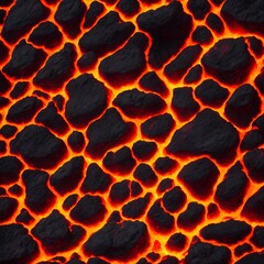 Wall Mural - Seamless lava pattern with small stones, texture for graphic design. Realistic lava flame on black ash background. Texture of molten magma surface. Abstract volcanic lava background. Generative AI