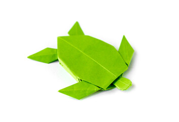 Wall Mural - green paper turtle origami isolated on a white background