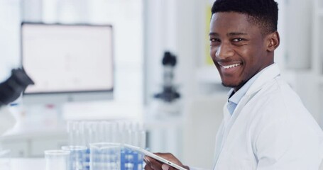 Poster - Scientist, black man and portrait with tablet in laboratory, medical research and studying. Technology, science and face of African male doctor with smile for investigation, working and career in lab