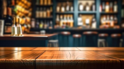 Empty wooden table and countertop with blurred bar background for product placement design, Generative AI