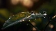 :美しい水滴が太陽に照らされて輝く葉っぱの上、マクロ。朝露の大きなしずく 屋外 美しい丸ボケ自然の純粋さを表現した驚くべき芸術的イメージGenerativeAI