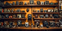 Impressive Collection Of Vintage Cameras Displayed On Wooden Shelf With Carefully Maintained, Concept Of Photography Nostalgia, Created With Generative AI Technology