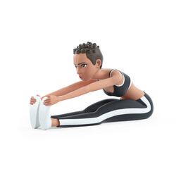 Wall Mural - 3d sporty character woman sitting on floor doing stretching exercise