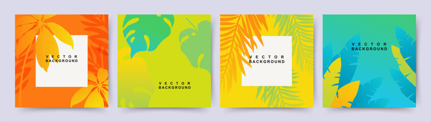 Summer backgrounds with tropical leaves in green, blue, orange and yellow colors. Beach and jungle theme. Editable vector template
