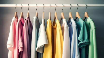 Colourful clothes on clothing rack, pastel colorful closet in shopping store or bedroom. Rainbow color clothes choice on hangers, home wardrobe concept. Generative AI