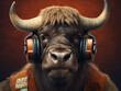 Portrait of a bison wearing vest and headphones listening to music - Brown colors and leather background -  Generative AI