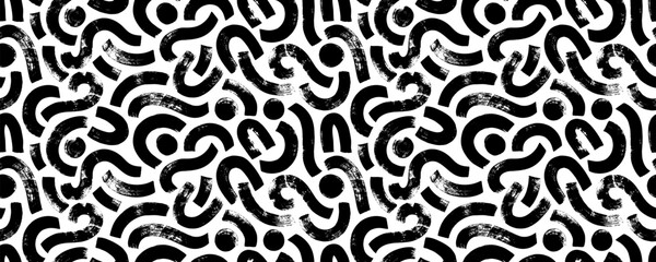 Bold curved lines doodle seamless pattern. Hand drawn organic shapes and thick wavy lines background. Vector geometric textile print. Black paint freehand scribbles, bold dots and circles.