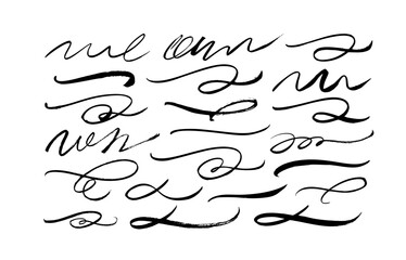 Brush drawn bold swooshes and flourish collection. Vector black paint wavy lines. Ornate swirl swashes, decorative flourish dividers. Modern elegant curly swishes and vector swirls.