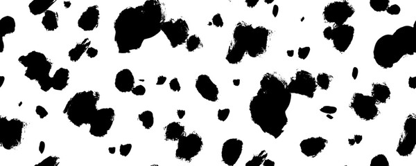 Poster - Dalmatian animal fur seamless pattern. Brush drawn spot background. Simple irregular geometric design. Vector ink dot seamless banner. Cow texture pattern. Random bovine spots or blots.