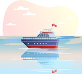 Fototapeta  - Ship illustration. Ship, flag, water, deck. Editable vector graphic design.