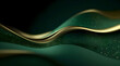 © mizan - Abstract 3D luxury green color wave lines with shiny golden curved line decoration and glitter lighting on gradient dark background, Generative AI