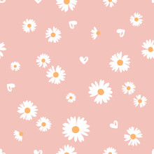 Seamless Pattern With Daisy Flower With Hand Drawn Hearts On Pink Background Vector.
