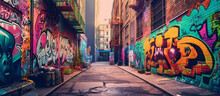 An Urban Streetscape Spraypainted With Graffiti. Inner City Environment. Grungy Alley. Generative AI.