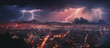 Lightning flashing over a city in the evening. Surreal glow of the thunderstorm. Generative AI.