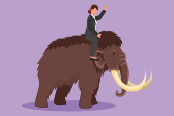 Wall Mural - Graphic flat design drawing of businesswoman riding huge dangerous mammoth. Professional entrepreneur female character. Successful business woman. Business metaphor. Cartoon style vector illustration