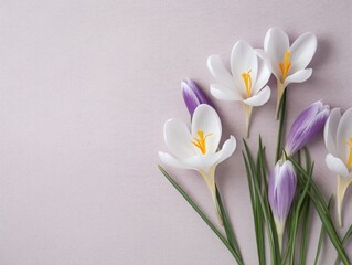 Spring, Easter floral concept. White and violet crocuses, saffron flowers on beige cardboard, table background. Minimal natural composition, web banner. Flat lay, top, copy space