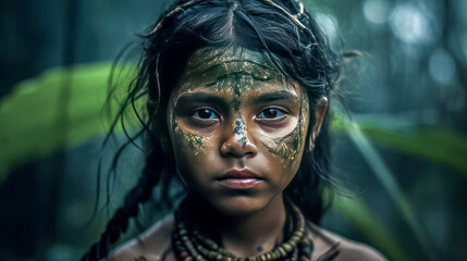 Girl standing in the jungle with green tribal painting in the rainforest of Sumatra or Indonesia, indigenous Indian style, national geography photo strong emotional impact generative ai digital art