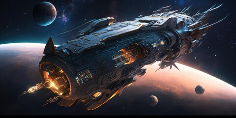 Sticker - biomechanical starship traveling through space scifi high quality technology. generative ai aig16.