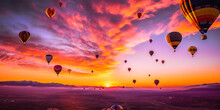 Captivating Aerial Shot Of Hot Air Balloons Amid Vibrant Sunrise; Warm Hues Of Orange, Rose, And Purple Sweep The Sky, Delivering A Dreamy, Awe-inspiring Atmosphere. Generative AI