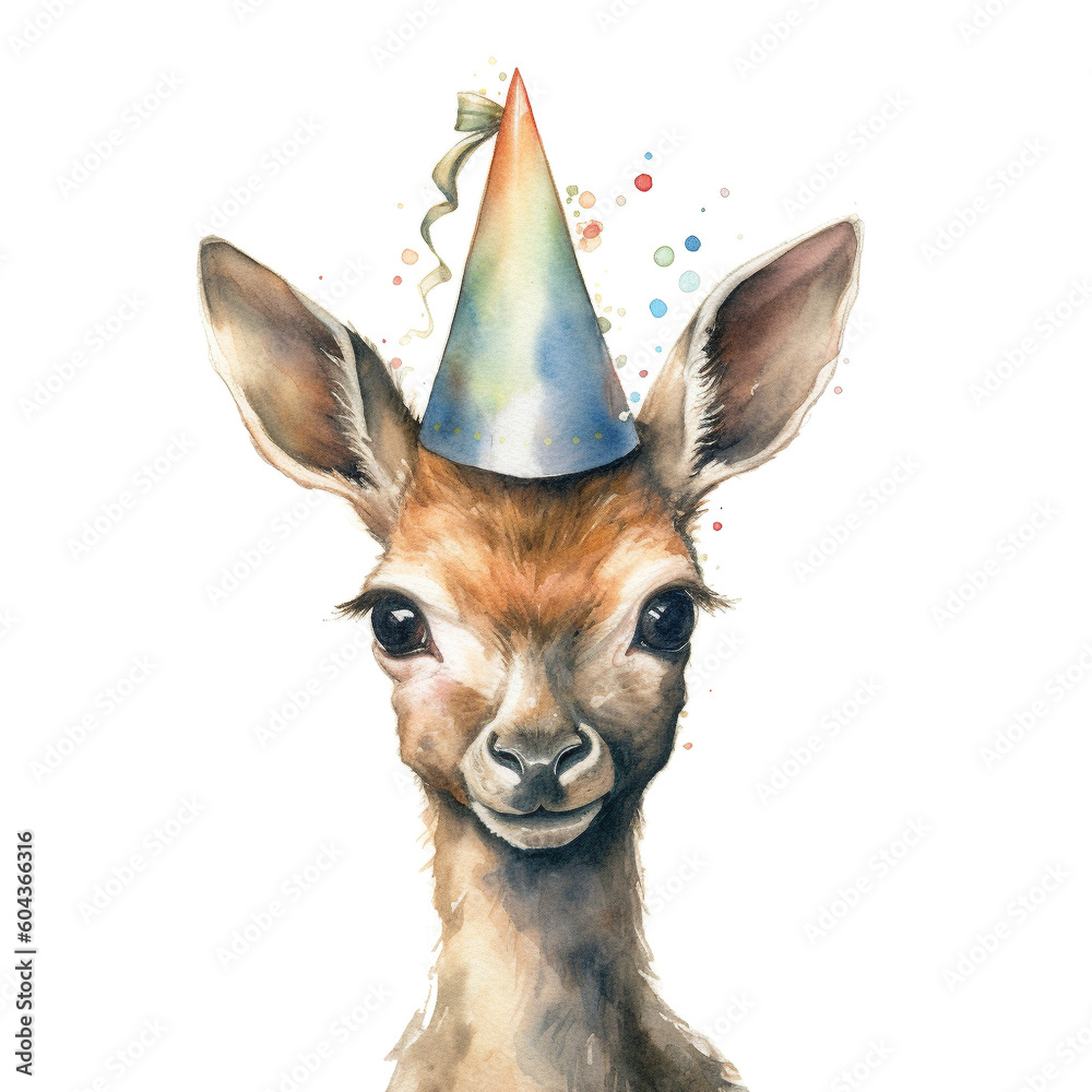 cute baby deer portrait wearing a birthday hat in watercolor design ...