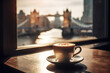 Cup of coffee with London view on background with sunset, selective focus.  Generative AI