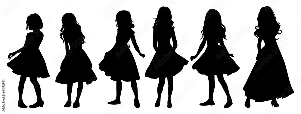 Vector illustration. Silhouette of a girl in a dress. Set. Stock Vector ...