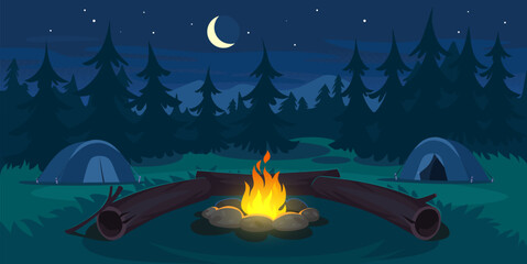 night camp in a forest with tents, campfire and log near it. landscape view on a campsite in the mou