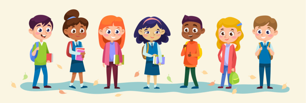 Wall Mural - Collection of different student characters isolated on a beige background. Diverse students set. Smiling boys and girls with backpacks going back to school in the fall. Cartoon vector illustration.