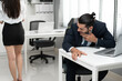 Sexual harassment at workplace concept. Businessman looking businesswoman's buttock	