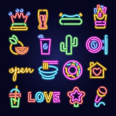 Leinwandbilder - Neon icons set. Glowing signs. Bar light icons, casino cocktail and text, glow color shapes, retro night club art logo. Microphone karaoke, noodles and fast food. Vector design illustration