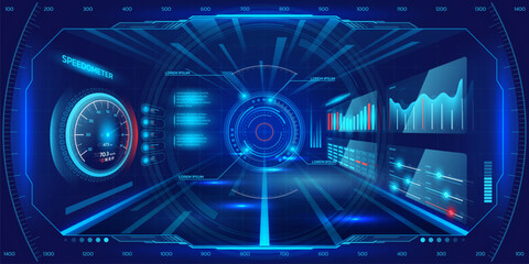 Aufkleber - Car tech. Futuristic HUD game screen. Military dashboard and interface technology. Digital space. Speedometer and infographic panels. Automobile viewfinder. Vector cyberpunk background