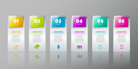 Poster - Infograph steps. Business diagram. Flowchart of process. 6 graph options. Six sequence numbers. Workflow chart templates. Strategy timeline. Plan infographic. Vector design background