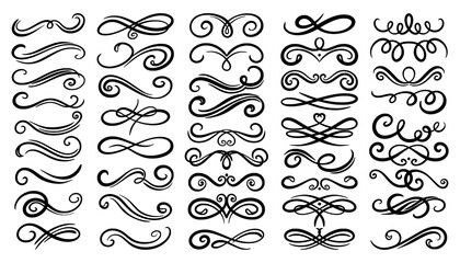Aufkleber - Swirl border set, ornament design collection. Filigree line flourish for calligraphy or ornate logo, medieval baroque isolated elements, elegant frames. Cards or posters vector retro decor