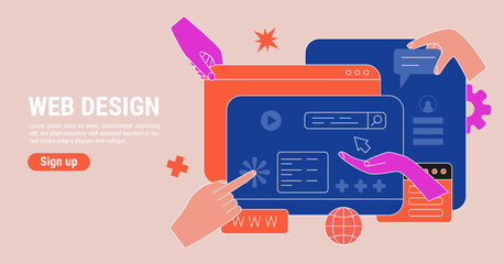Leinwandbilder - Web design agency. UX UI website redesign. Build of app page. Creative application content. Landing creation. Browser window engineering concept. Minimal hands. Vector internet banner