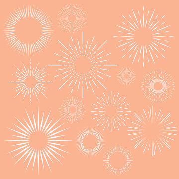 Wall Mural - Firework set. White line circles decorative radial frames for posters banners and cards decor, isolated starburst elements collection. Explosion or light flash, stars icons, vector illustration
