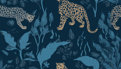 Hand drawn artistic dark blue tones pattern with leopards. Abstract collage contemporary seamless pattern. Fashionable template for design