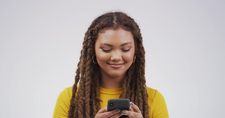 Wall Mural - Smile, phone and woman typing in studio isolated on a white background mockup. Cellphone, happy and African female person on social media, networking or website scroll, internet app and online email.