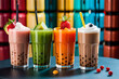 canvas print picture - Variety of fruit cocktails, popular bubble tea, chocolate fruit flavor. Trendy Asian summer drinks