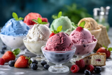 Various Colorful Ice Cream Sorts With Fruits. High Quality Photo Generative AI