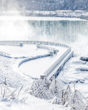Prospect Point Viewing Platform Deck Covered In Ice During A Winter Storm At Niagara Falls 