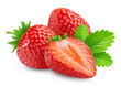 Leinwandbild Motiv Strawberries isolated. Two ripe strawberries, half a strawberry with green leaves on a white background.