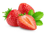 Strawberries isolated. Two ripe strawberries, half a strawberry with green leaves on a white background.