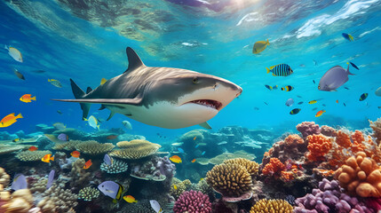 Wall Mural - Shark swimming in ocean over sunshine. AI generated