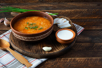 Wall Mural - Cabbage soup in bowl with green onion, bread and salo on wooden background