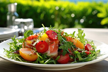 Colorful Salad Delight: Heirloom Tomatoes. Watermelon Radishes. Baby Arugula. Fresh Lobster. Tangy Vinaigrette. Garden Table Serenity. AI Generative