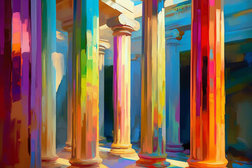 Aufkleber -  An abstract painting inspired by Greek columns, with bold brushstrokes and vibrant colors, evoking a sense of movement and energy. Generative AI technology.