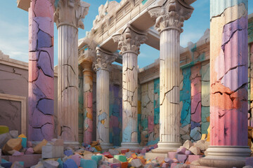 Poster -  A mixed media installation featuring fragments of Greek columns arranged in a contemporary art installation, exploring themes of history, memory, and cultural identity.  Generative AI technology.