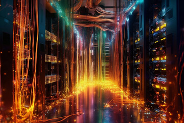 Aufkleber -  database server depicted as a powerful and dynamic entity, surrounded by streams of data flowing through an interconnected network.  Generative AI technology.