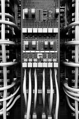 Aufkleber - capturing the organized arrangement of cables and connectors in the back of a database server, conveying the complexity of data management.  Generative AI technology.